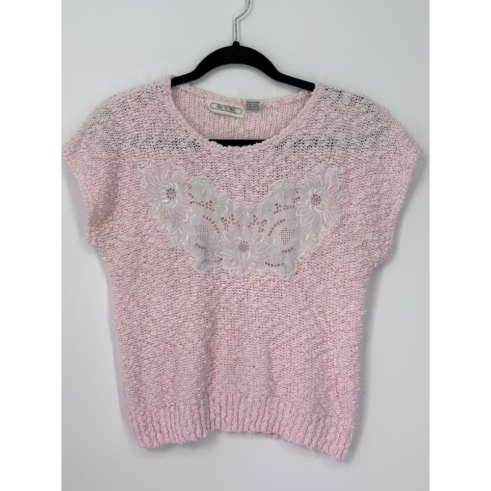 Vintage 80s Pretense Pink Sweater L Floral Lace Cutout Textured Knit Korea 0294